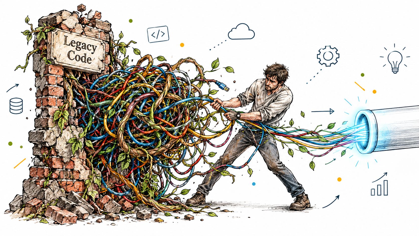 A developer pulling tangled cables from a crumbling brick wall labeled Legacy Code into a modern pipe.
