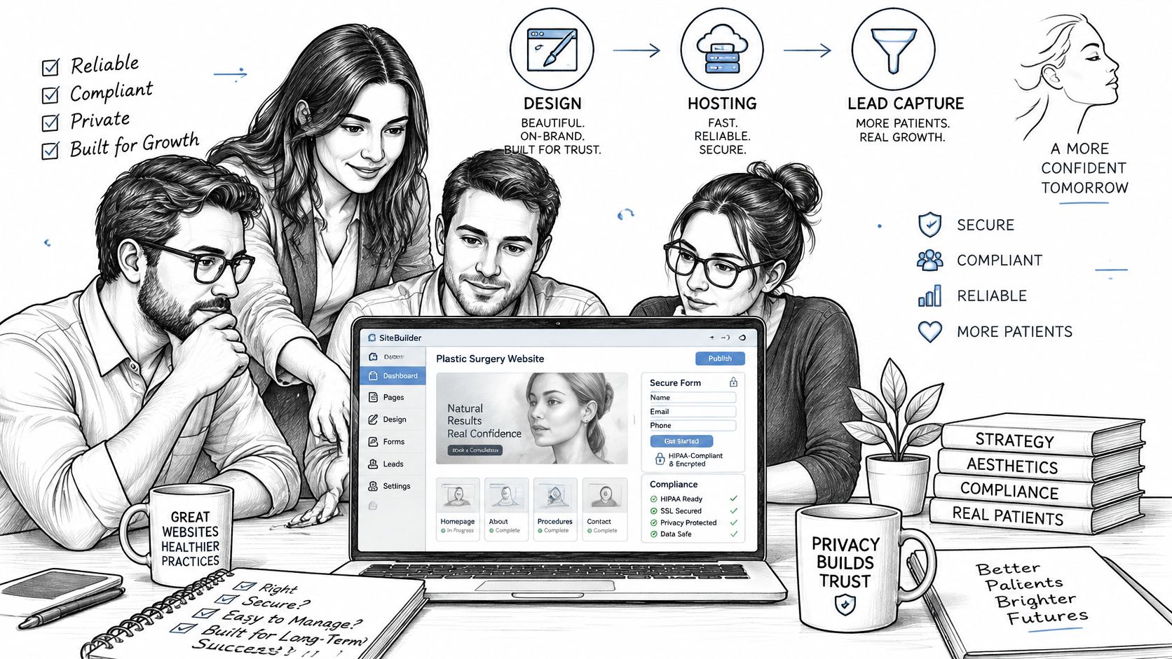 A professional team collaborating on a high-quality, secure, and compliant plastic surgery website design on a laptop.
