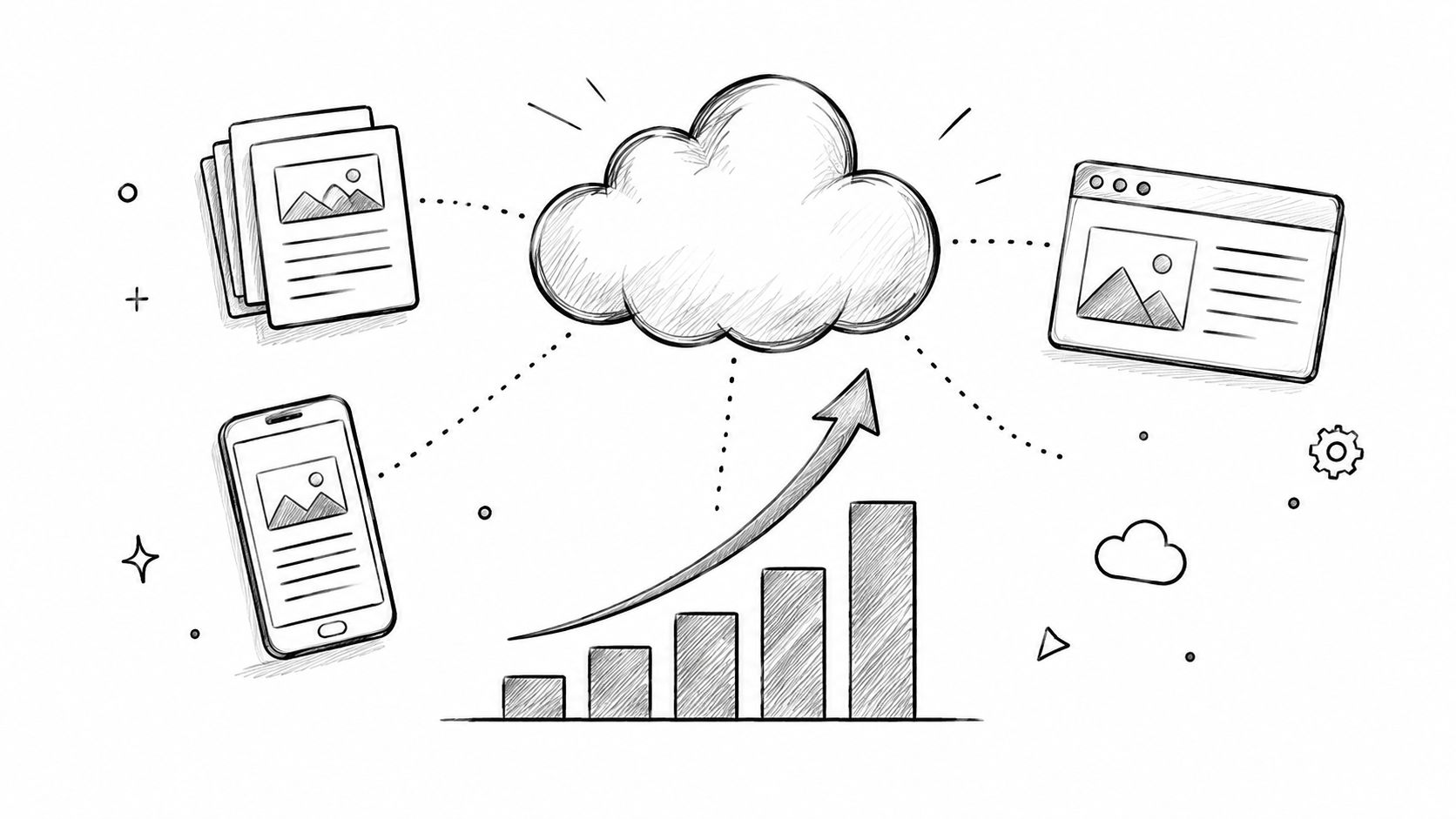 A hand-drawn sketch illustrating cloud computing connectivity between a document stack, a mobile device, a browser window, and a growth chart.