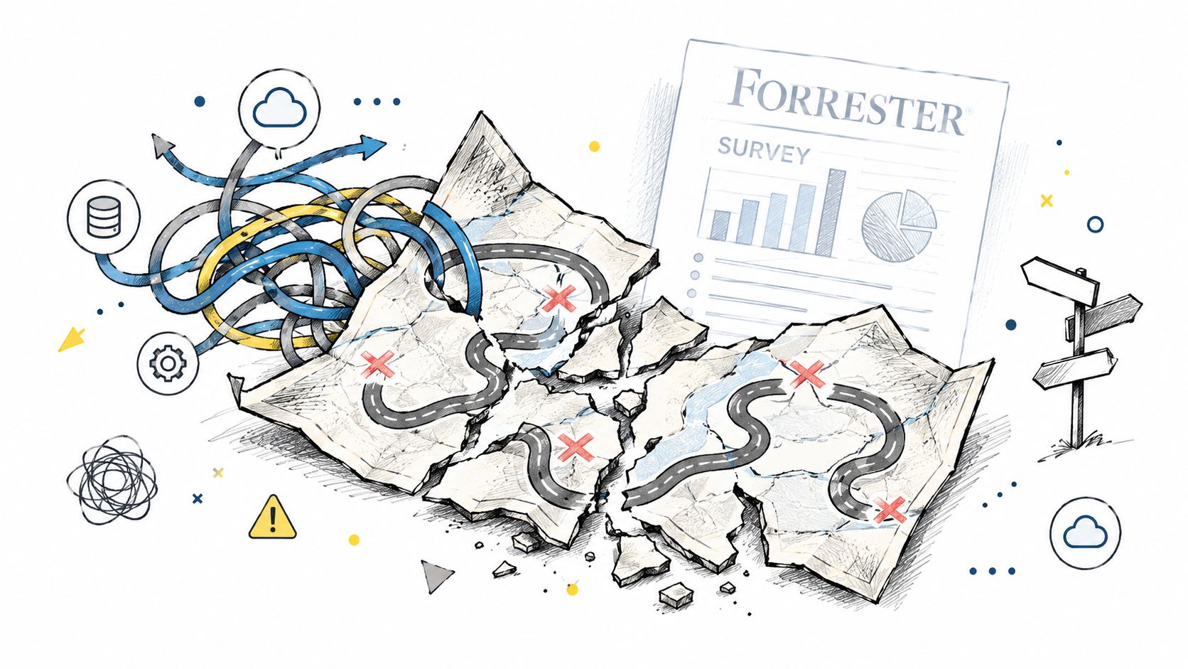 A fragmented map showing complex, broken paths symbolizing the challenges of website content migration and strategy.