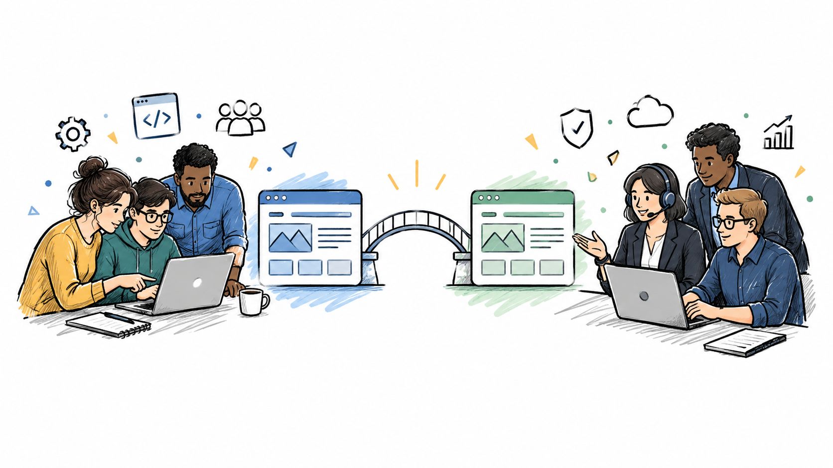 A collaborative team bridging development and support professionals to facilitate seamless website migration and technical processes.