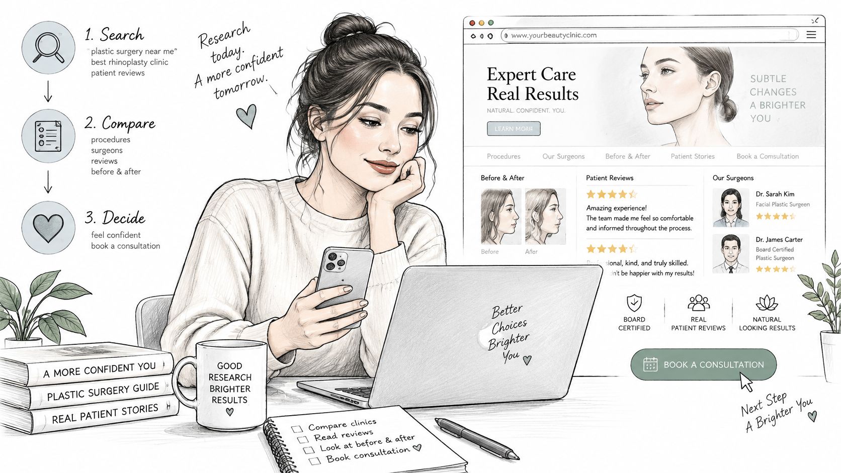 A woman researching plastic surgery procedures on her laptop and phone to make a confident decision.