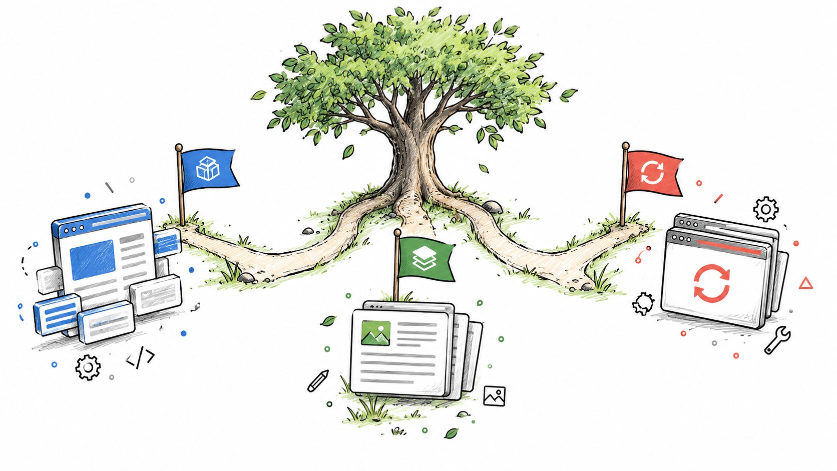 A hand-drawn illustration showing a tree with three branching paths leading to web development and content management icons.