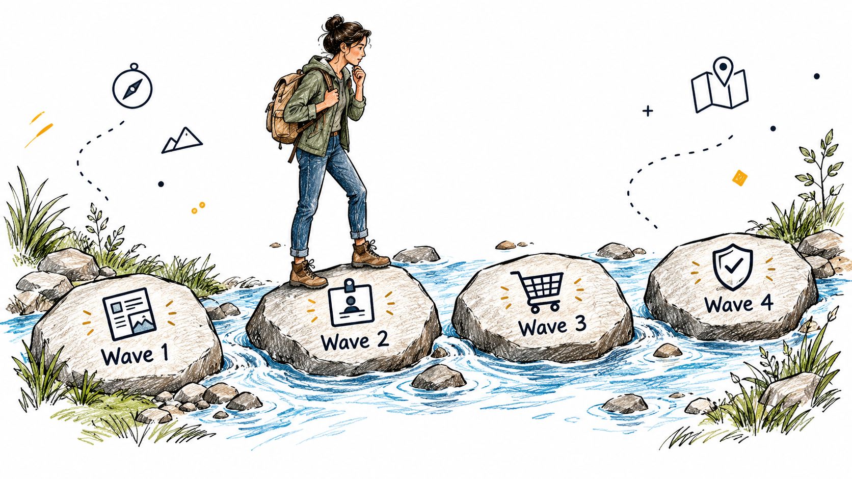 A traveler walking across stepping stones representing project development waves labeled one through four.