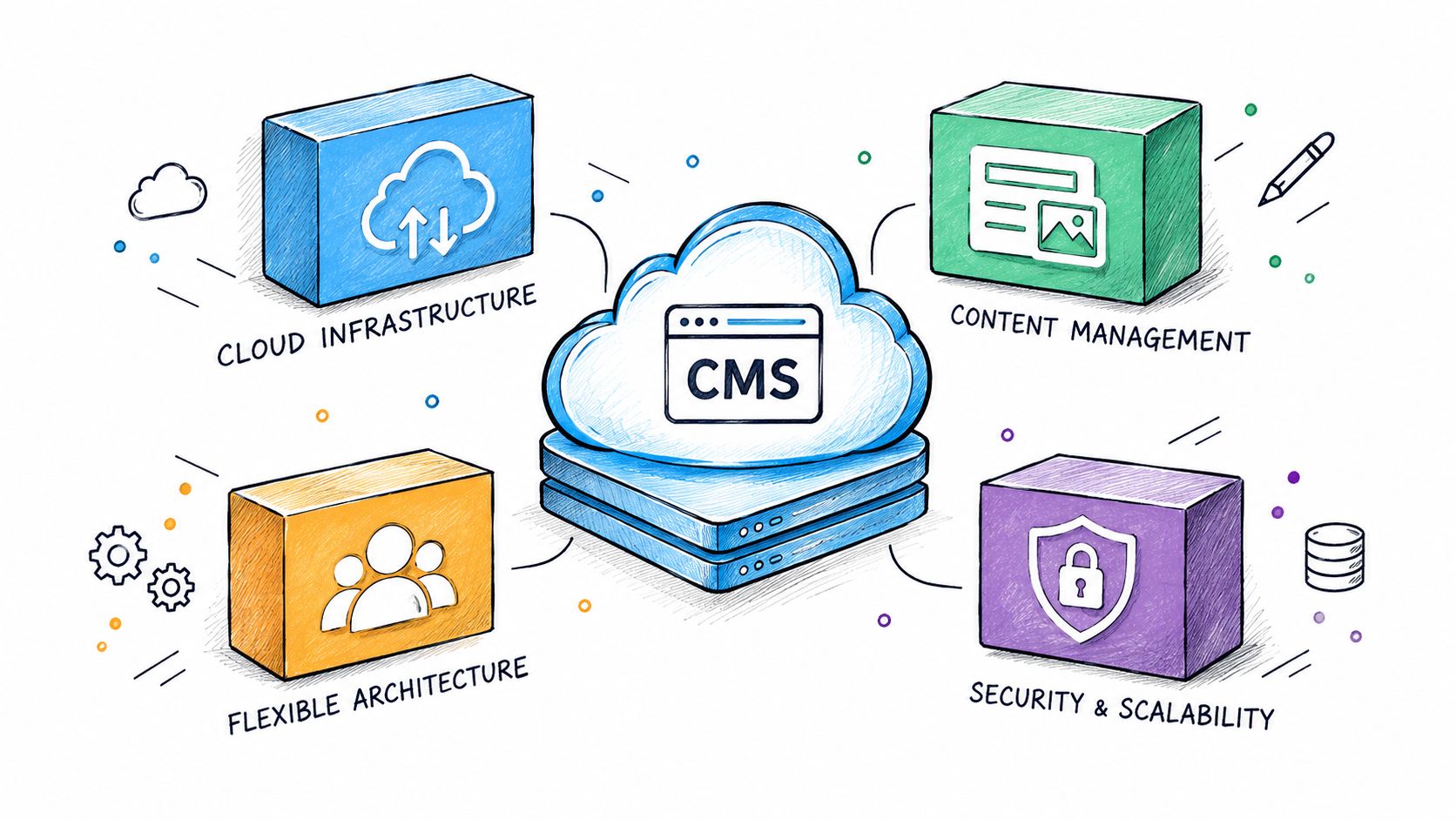 A diagram illustrating cloud native CMS architecture, featuring components for infrastructure, content management, security, and flexible design.