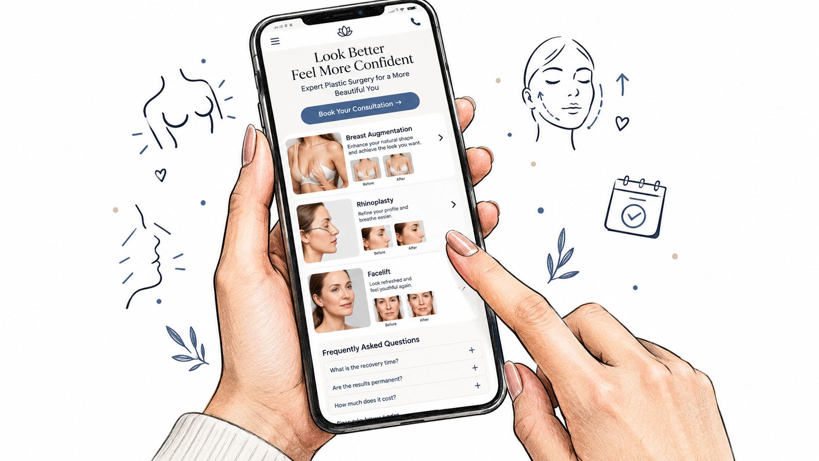 A person holding a smartphone displaying a plastic surgery clinic website with service options and FAQ.