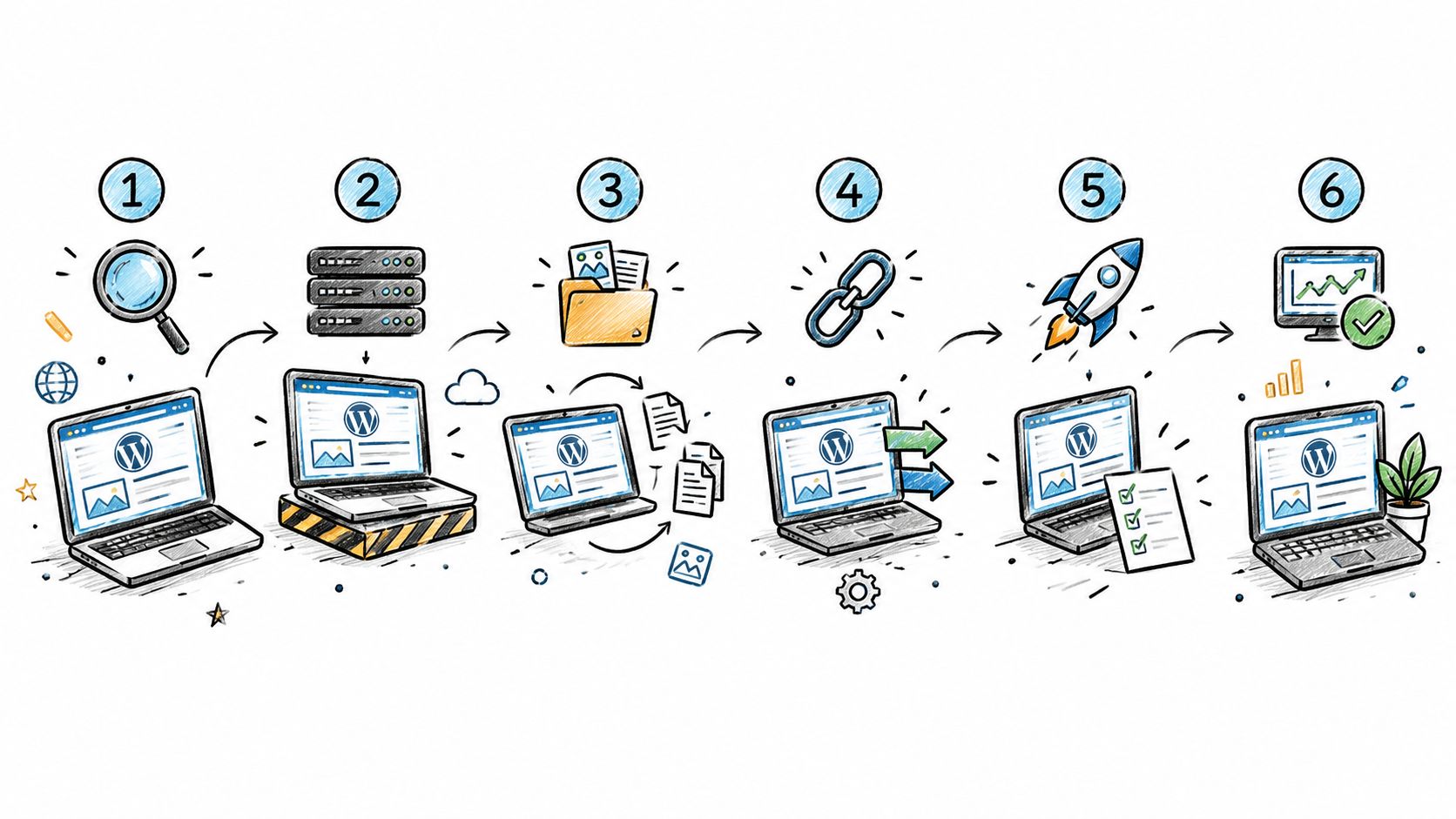 An infographic showing the six-step process for professional WordPress migration services illustrated with simple icons.