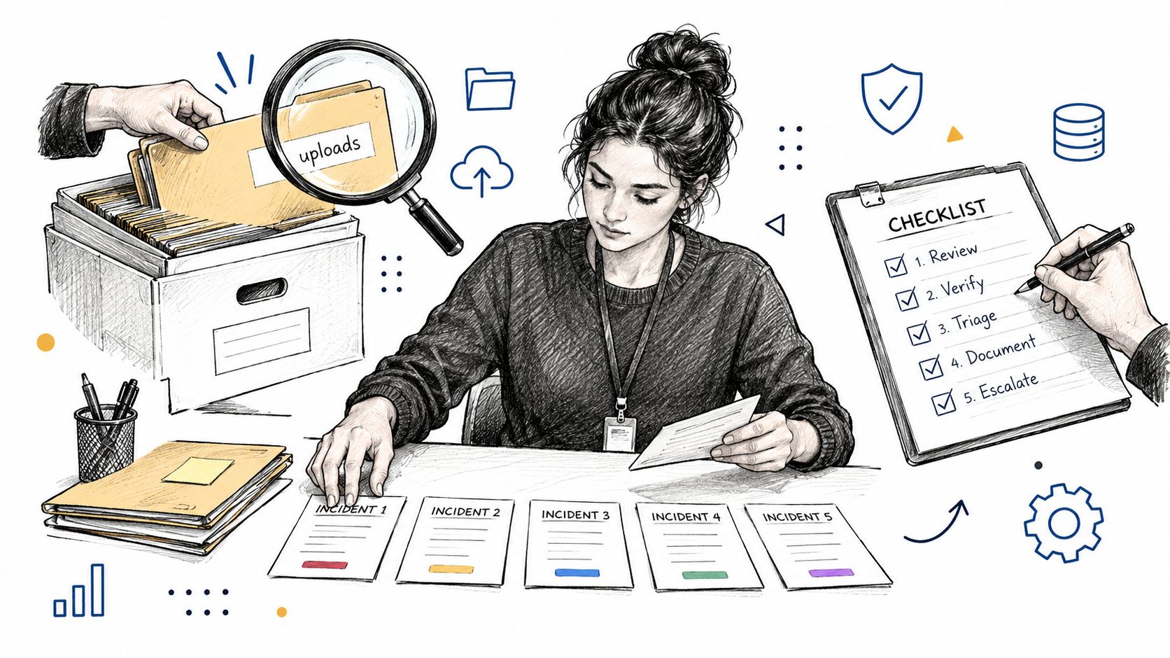 A professional analyst reviews digital documents and incident reports while checking tasks off a manual checklist.