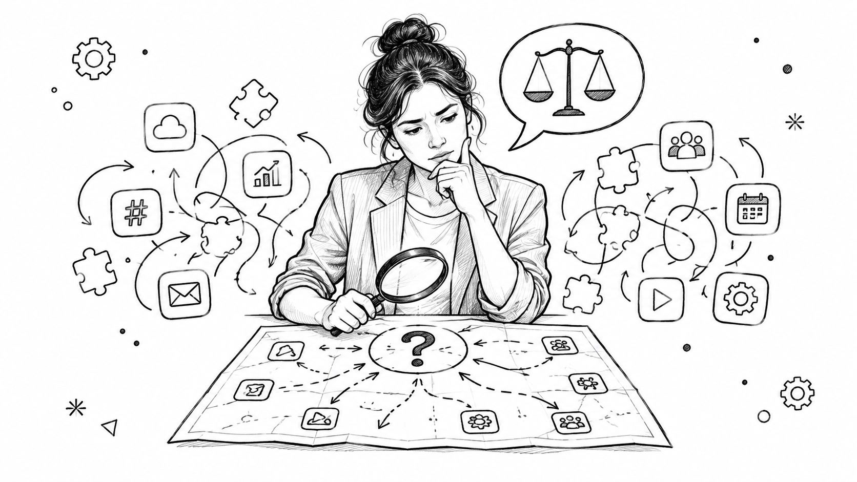 A woman looks through a magnifying glass at a complex chart while contemplating organizational choices and strategy.