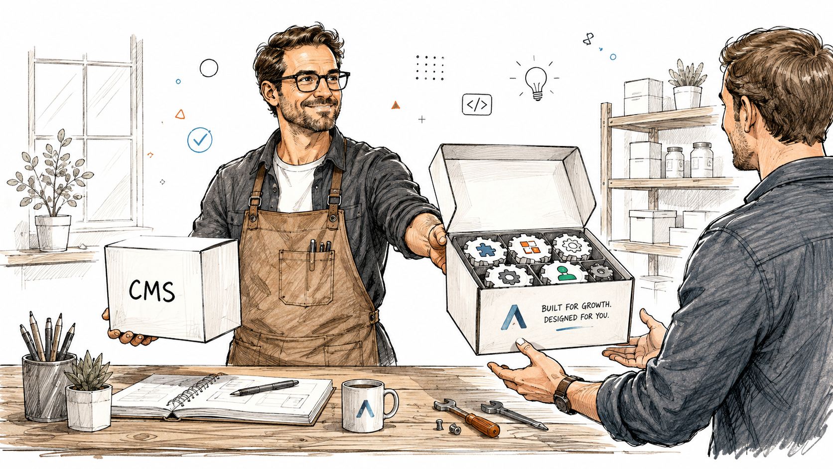 A professional artisan handing a branded toolkit box labeled built for growth to a client at a desk.