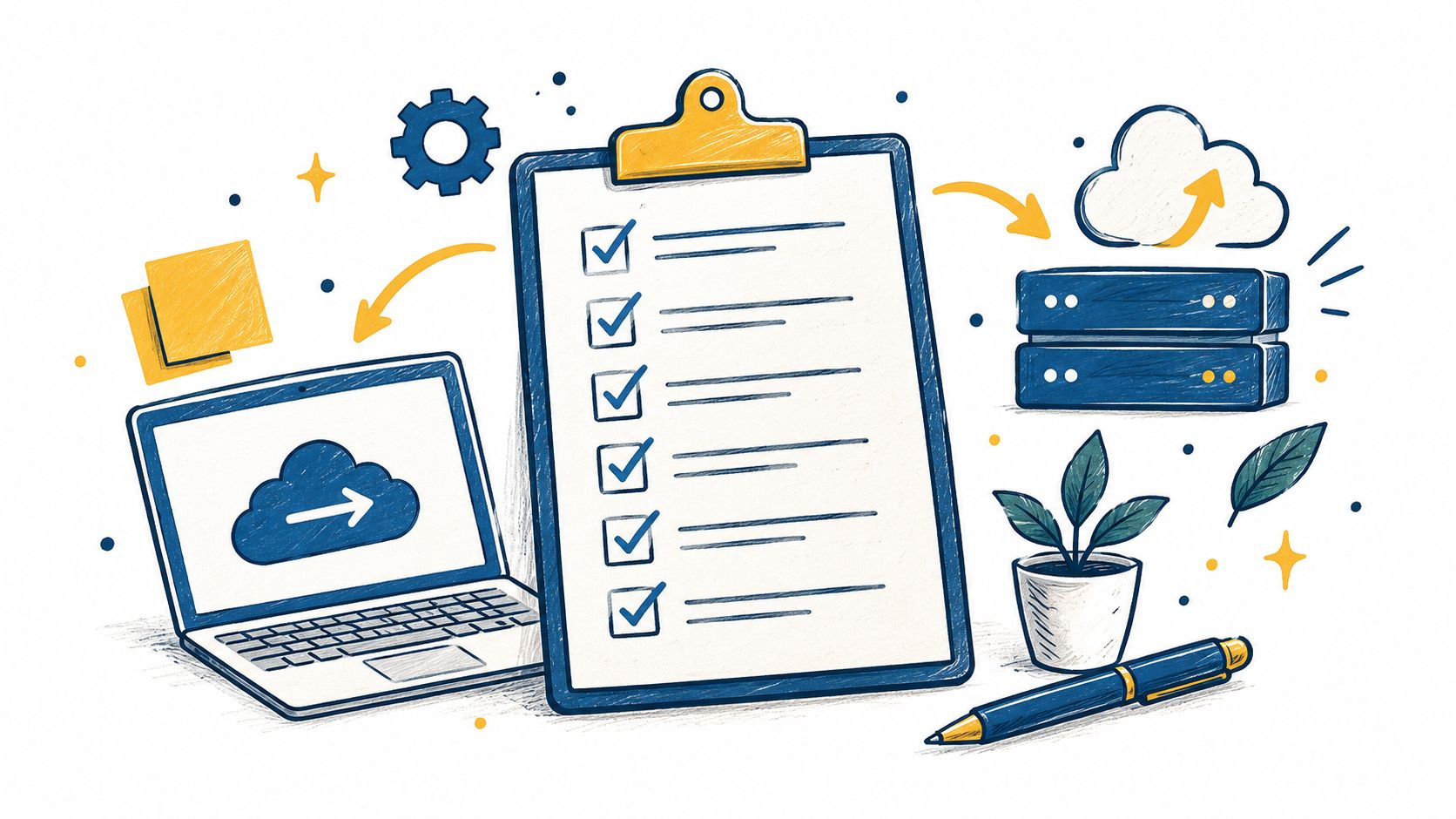 A digital illustration showing a laptop, a clipboard with a checklist, and a server icon.