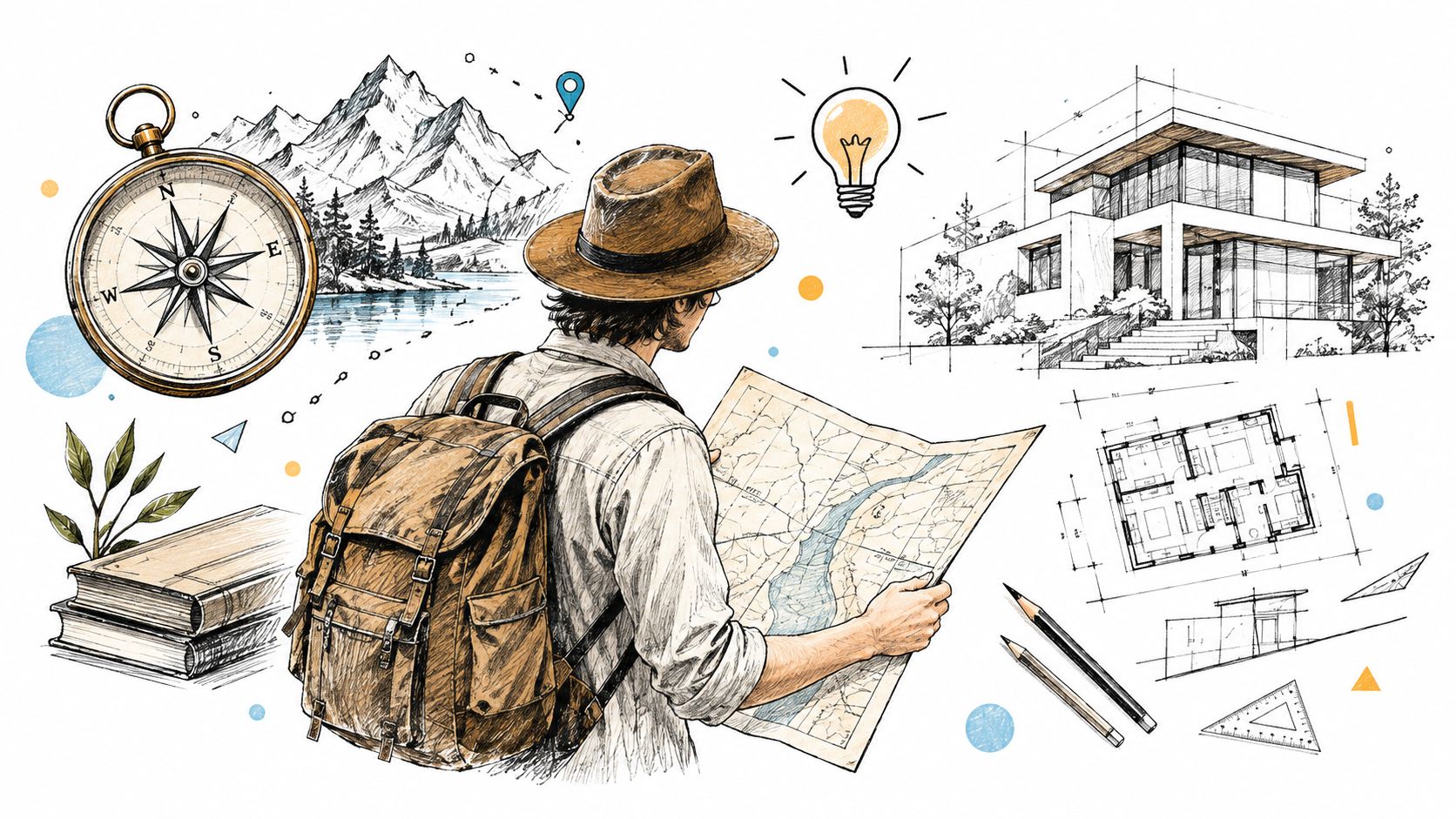 A traveler with a backpack looking at a map, surrounded by architectural sketches, a compass, and books.
