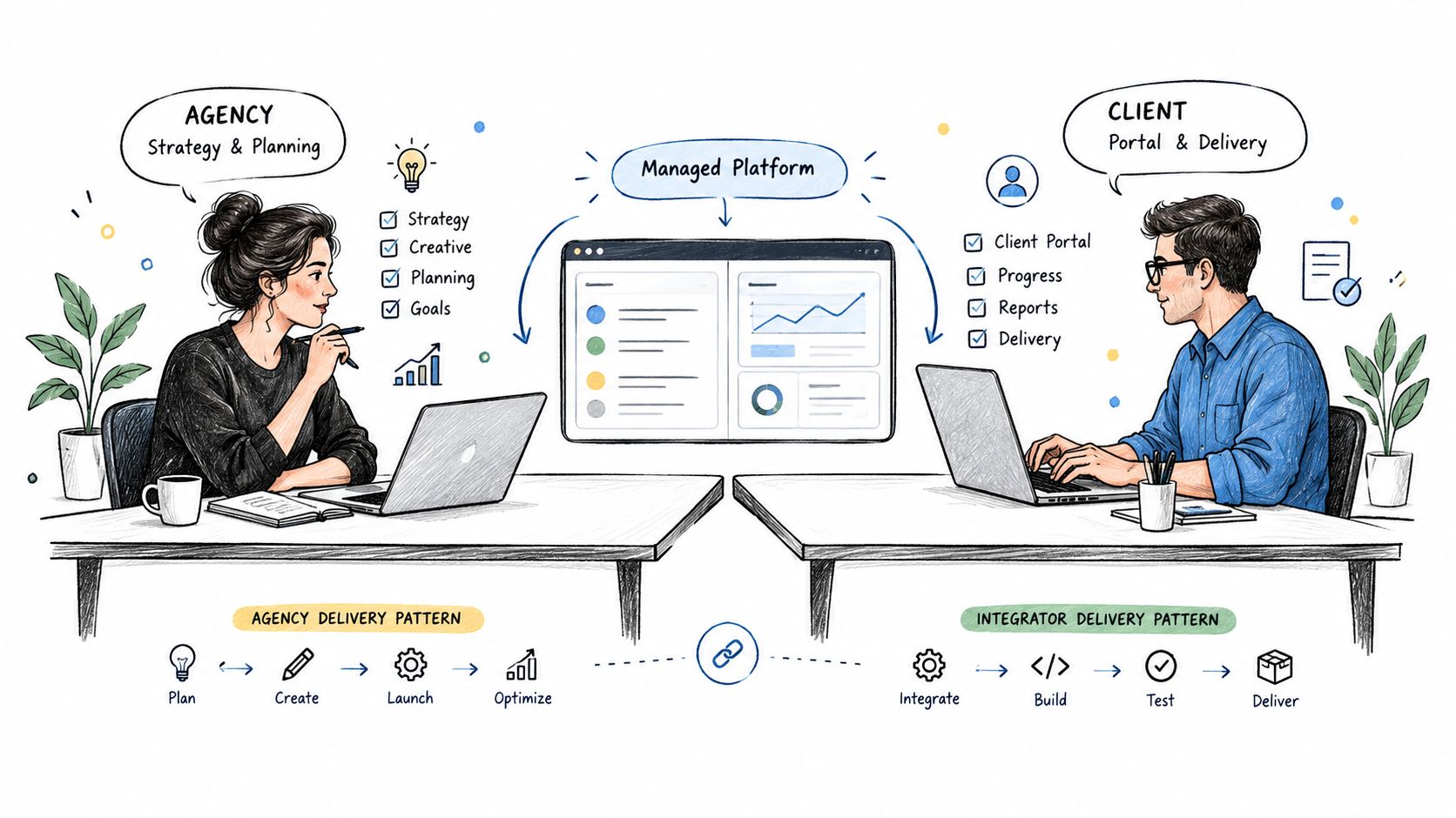 A hand-drawn illustration showing an agency and a client collaborating through a managed platform for workflow delivery.