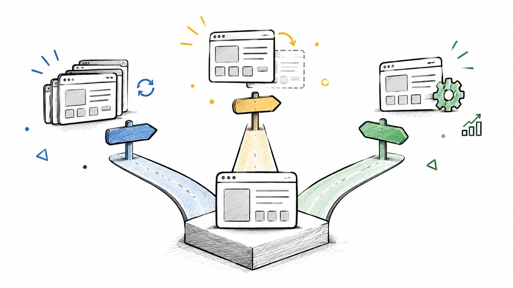 A hand-drawn illustration showing a central web interface with paths branching out toward different software deployment options.