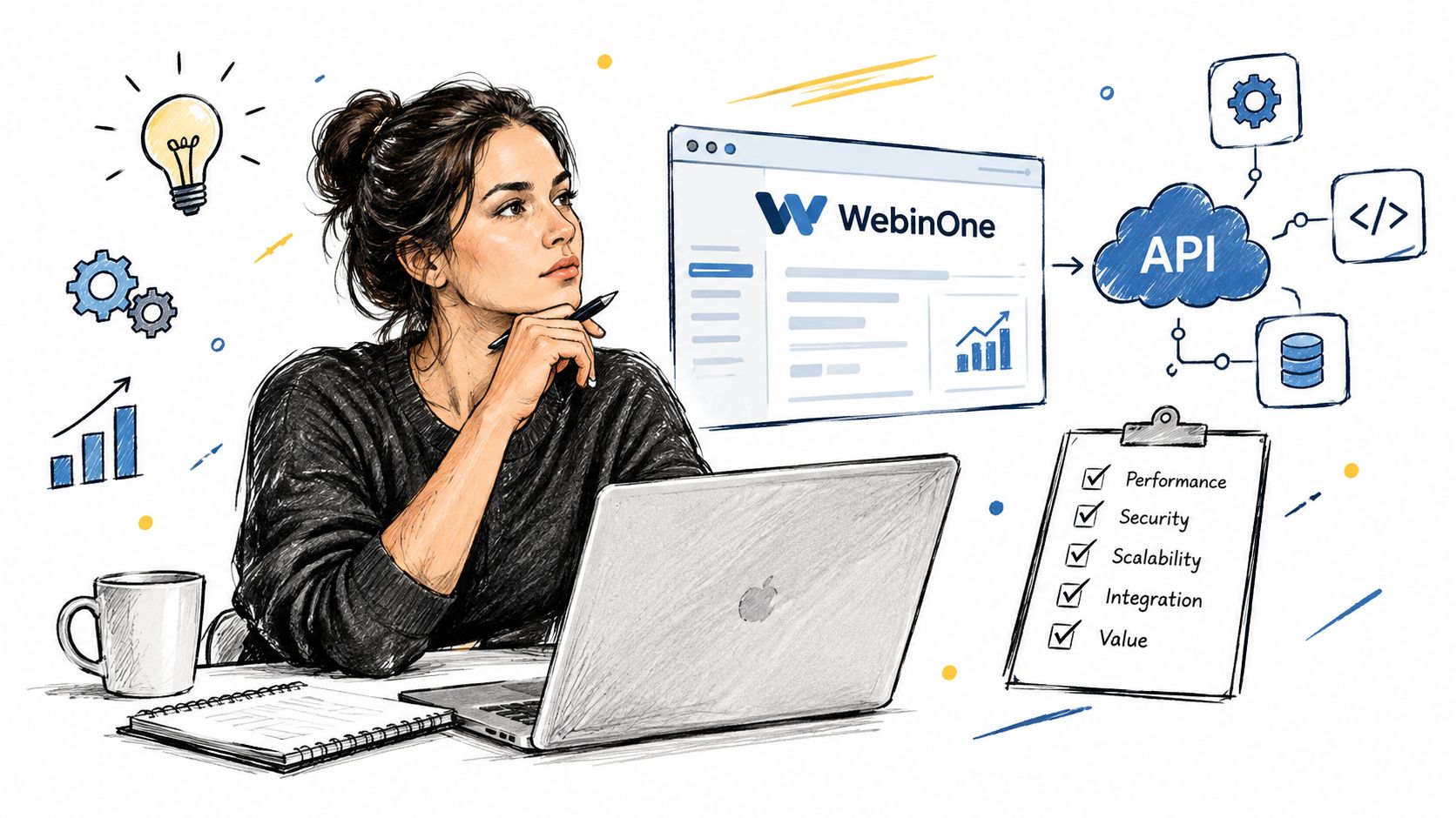 A woman sketching at her laptop with API integration icons and a business performance checklist nearby.