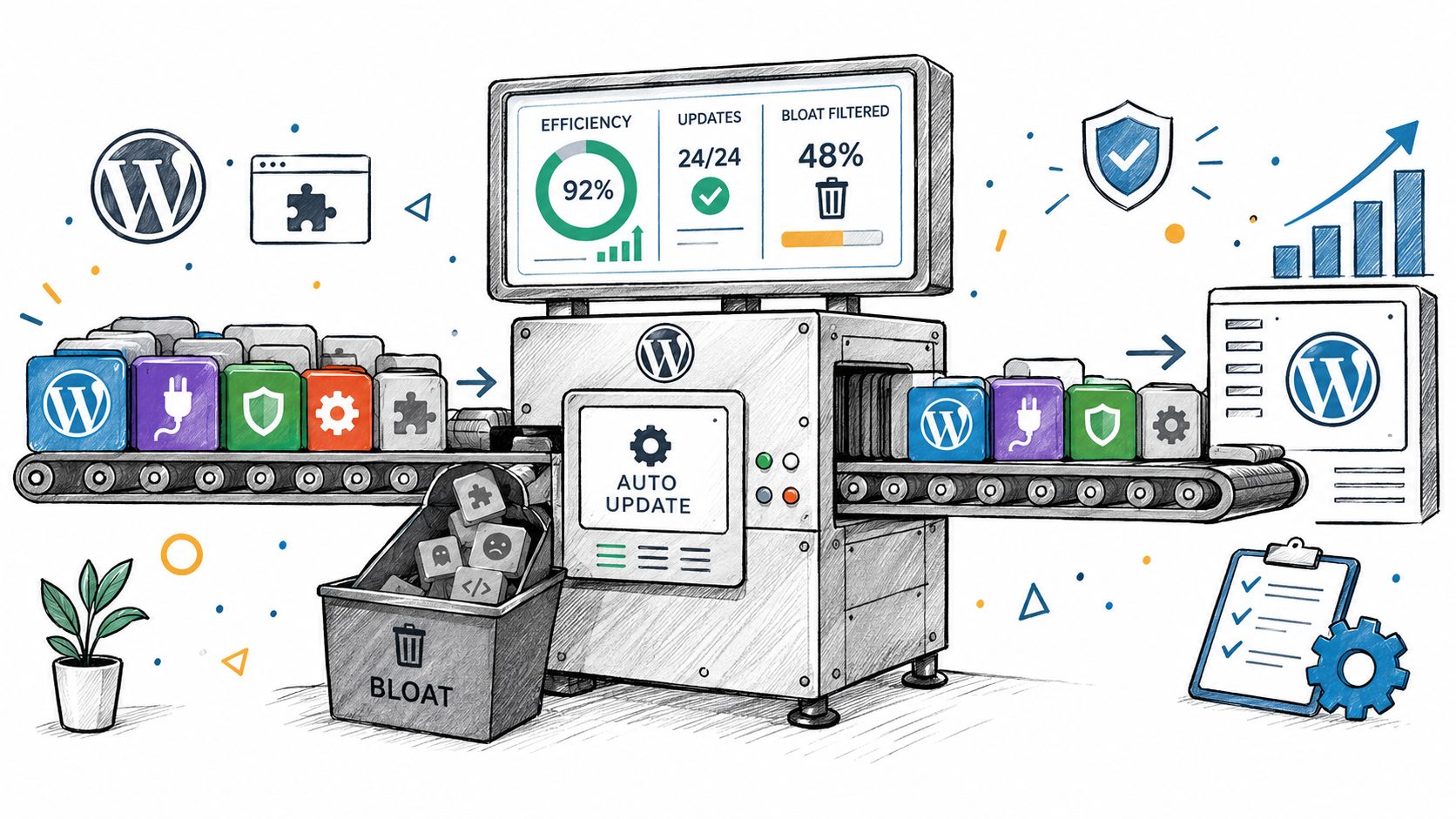 A digital illustration showing a WordPress automated maintenance system filtering bloat and updating plugins on a conveyor belt.