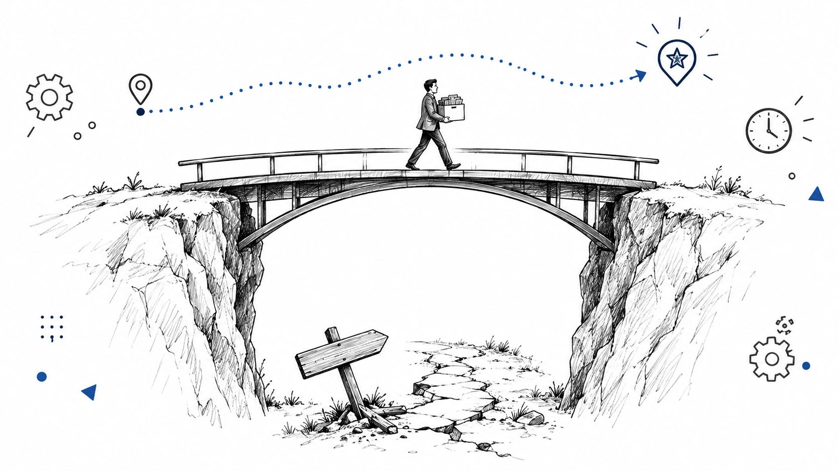 A business professional walking across a bridge over a ravine, representing a successful business migration journey.
