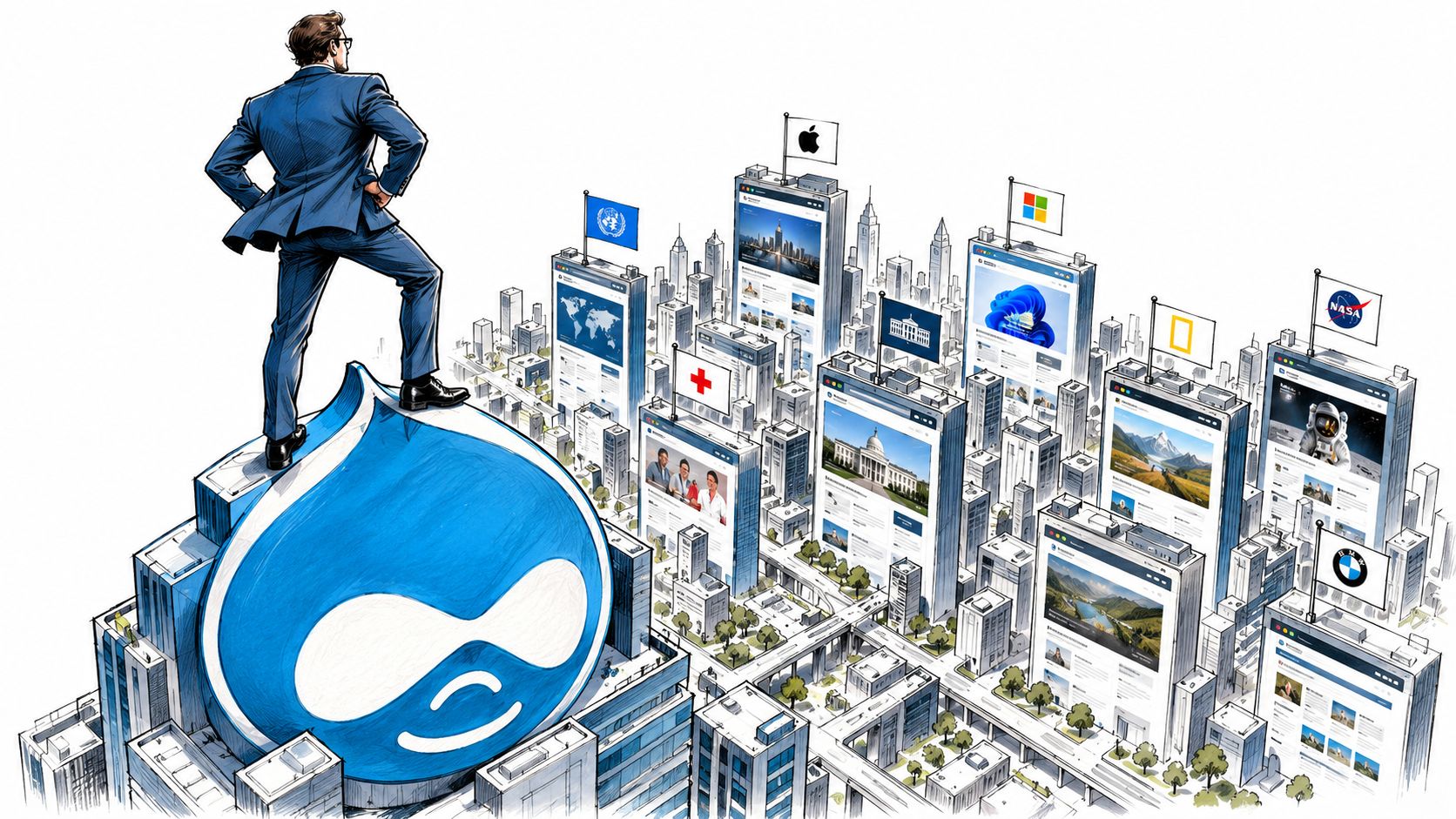 A businessman standing on top of a giant Drupal logo overlooking a city of website buildings.