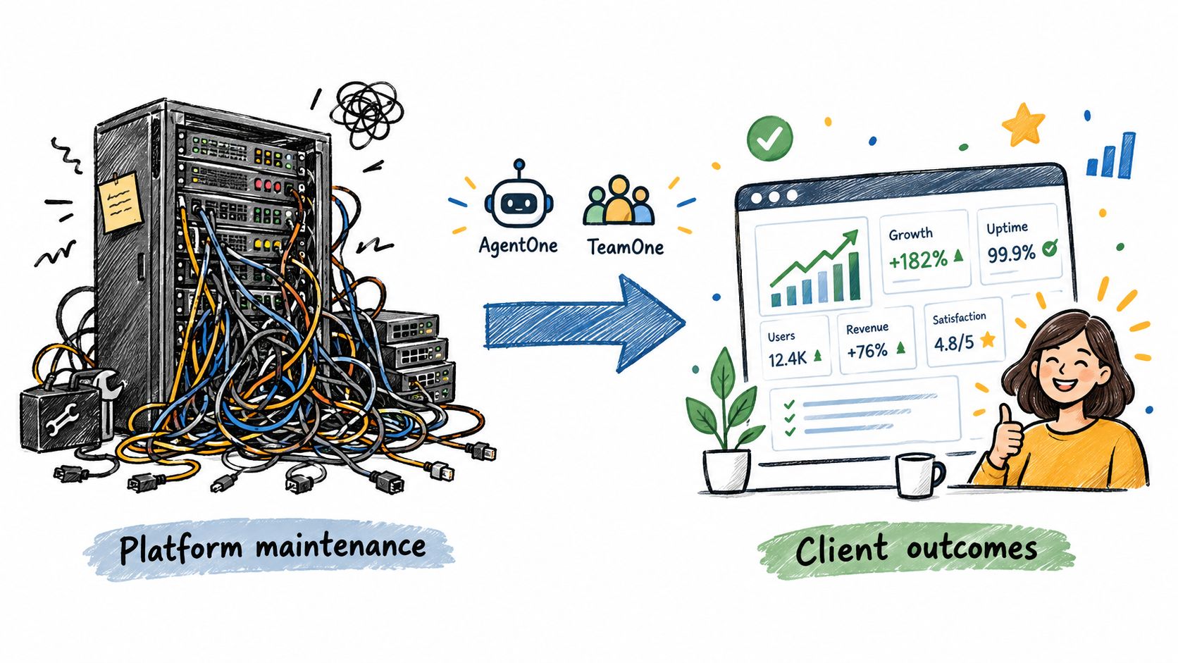 A conceptual drawing showing the transition from disorganized platform maintenance to positive, successful client outcomes.