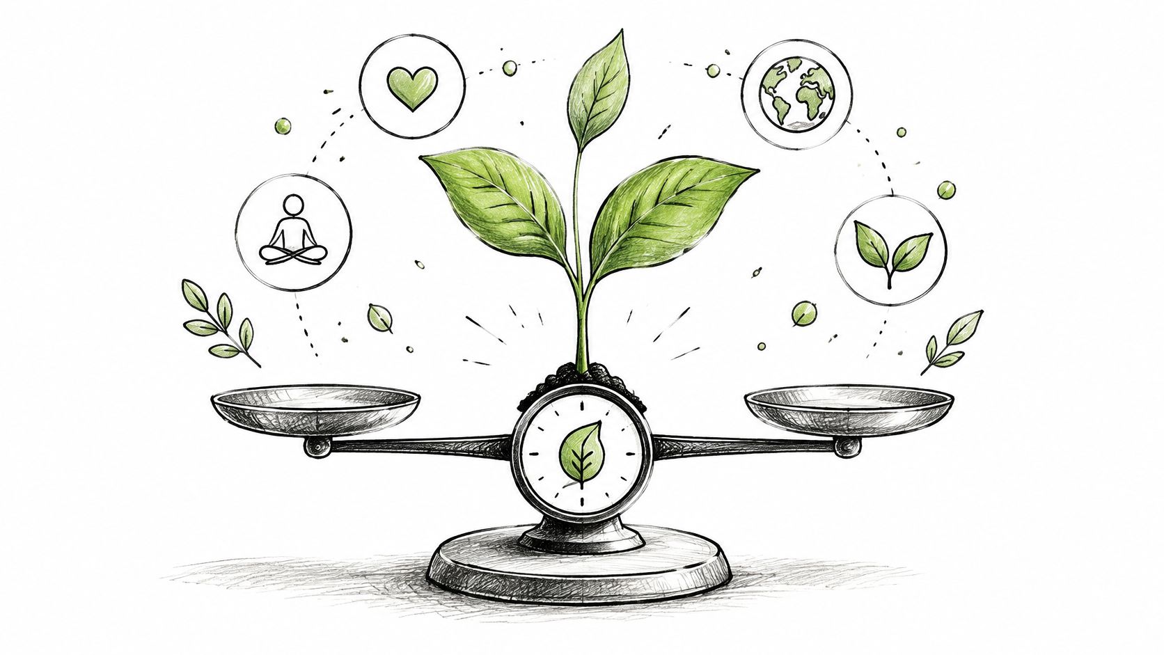 A hand-drawn illustration of a scale balancing nature and wellness with icons of hearts and globes.