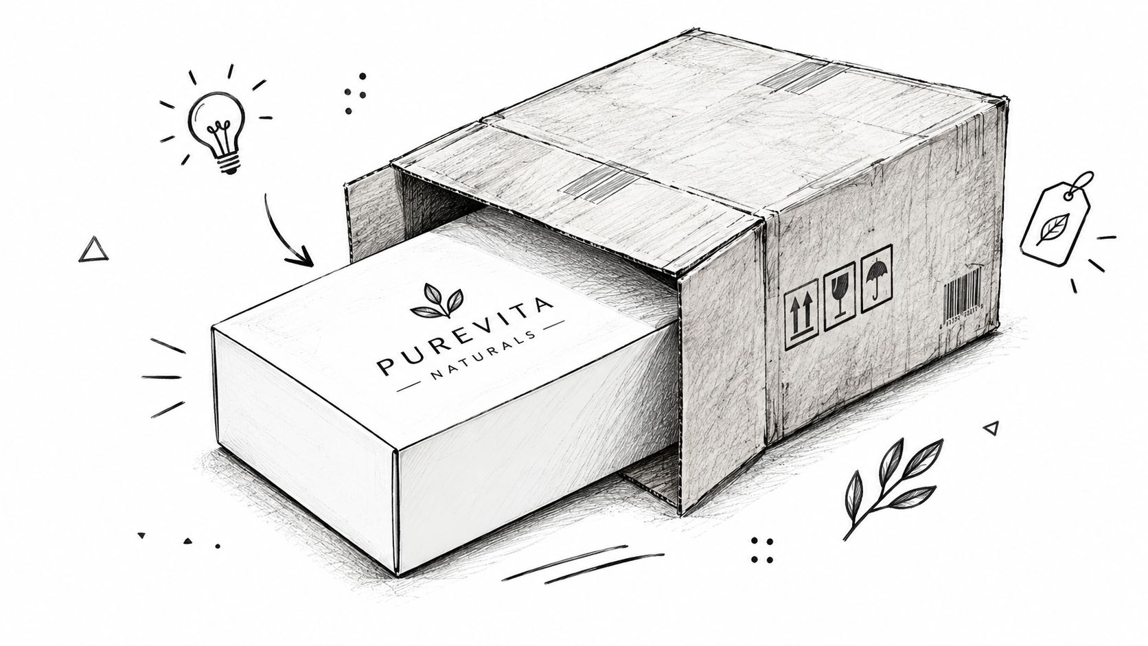 A pencil sketch of a PureVita Naturals product box sliding out of a brown cardboard shipping container.