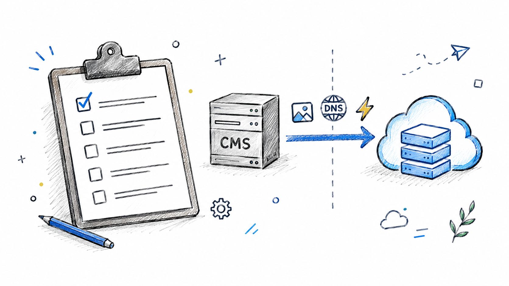 A hand-drawn illustration showing a CMS server transferring content to a cloud storage system with icons.