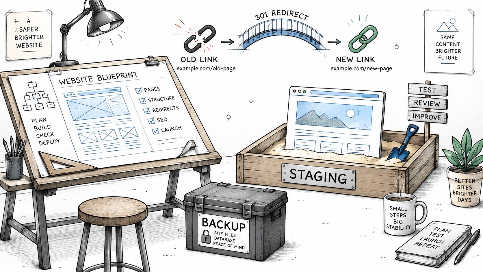 A hand-drawn illustration depicting website migration planning with staging, backups, and 301 redirect processes for web developers.