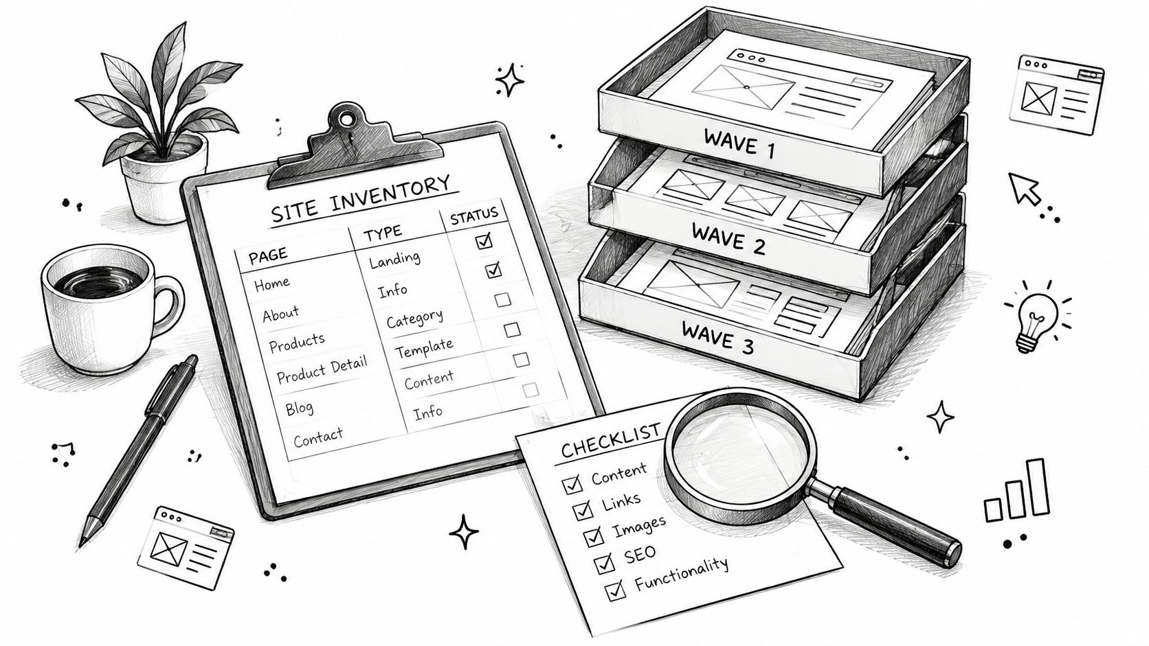 A hand-drawn illustration depicting a site inventory checklist, document trays with project waves, and a magnifying glass.
