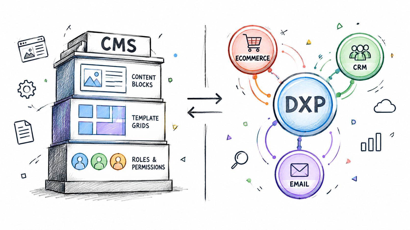 A diagram comparing a CMS structure with content blocks against a DXP integrated with ecommerce, CRM, and email.