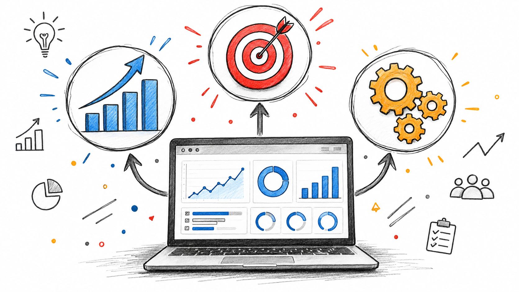 An editorial sketch of a central dashboard with icons representing sales, marketing, and operational analytics dashboards for business goals.