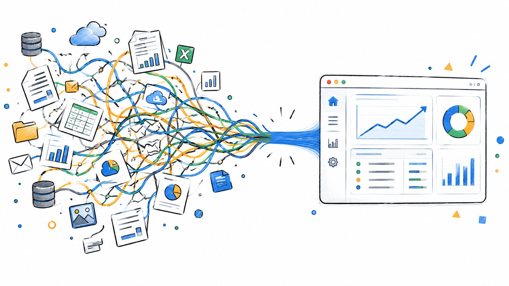 An abstract illustration showing fragmented data streams being unified into a single source for enterprise reporting.