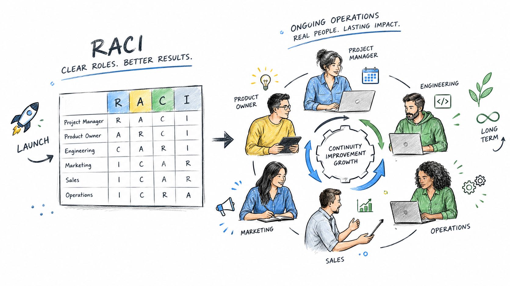 An illustration explaining the RACI matrix model for team roles alongside team members working together.