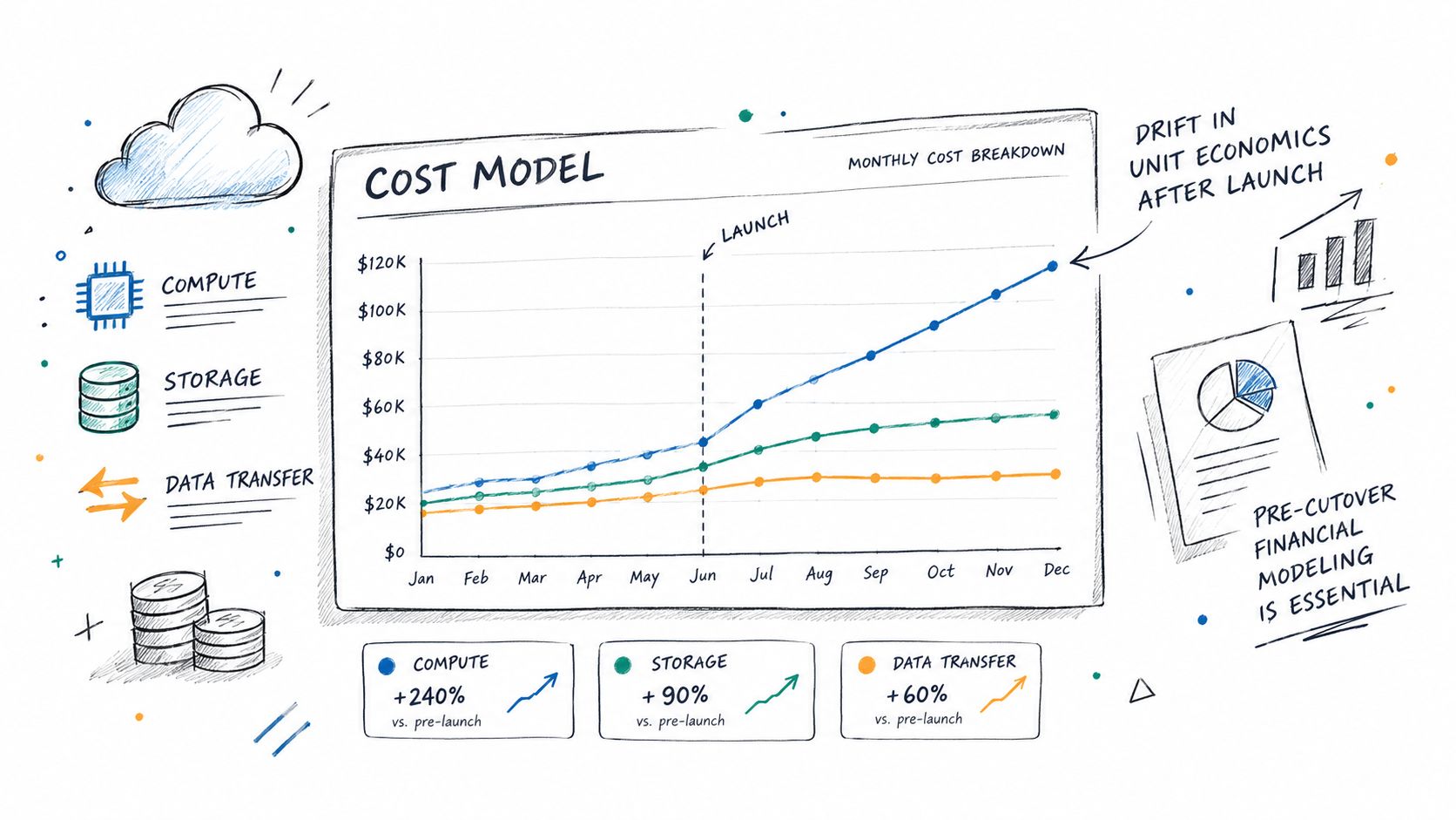 A hand-drawn illustration showing a rising cost model graph comparing cloud infrastructure expenses before and after launch.