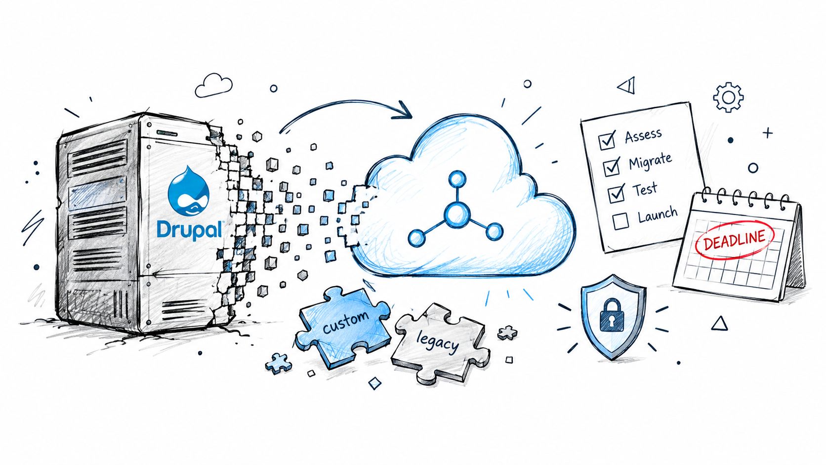 A hand-drawn illustration showing Drupal server migration to the cloud, featuring process checklists and security icons.