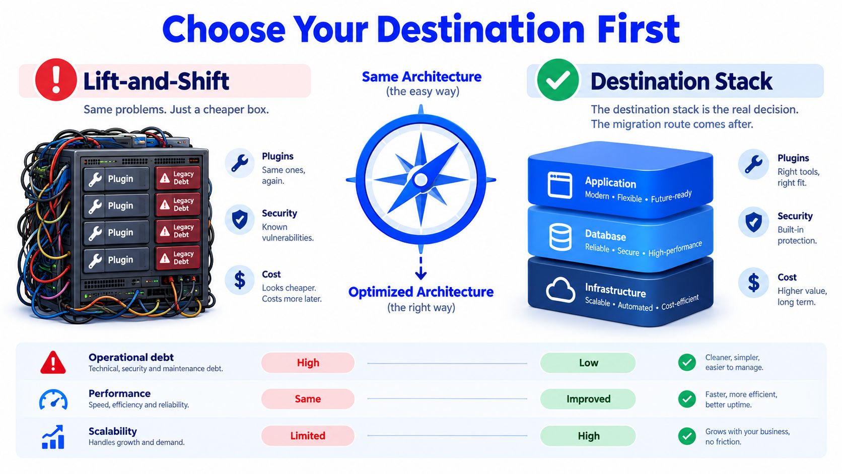 A comparison chart showing the differences between a legacy lift-and-shift migration and a modern destination stack strategy.