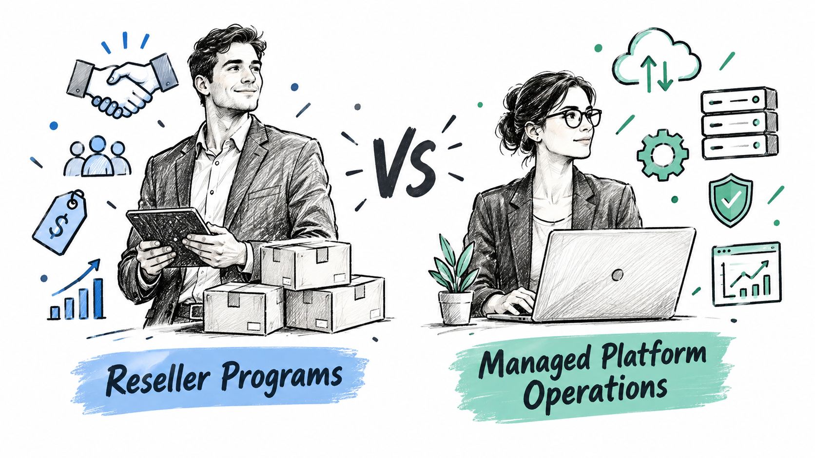 An illustration comparing reseller programs and managed platform operations for business owners using technology and logistics.