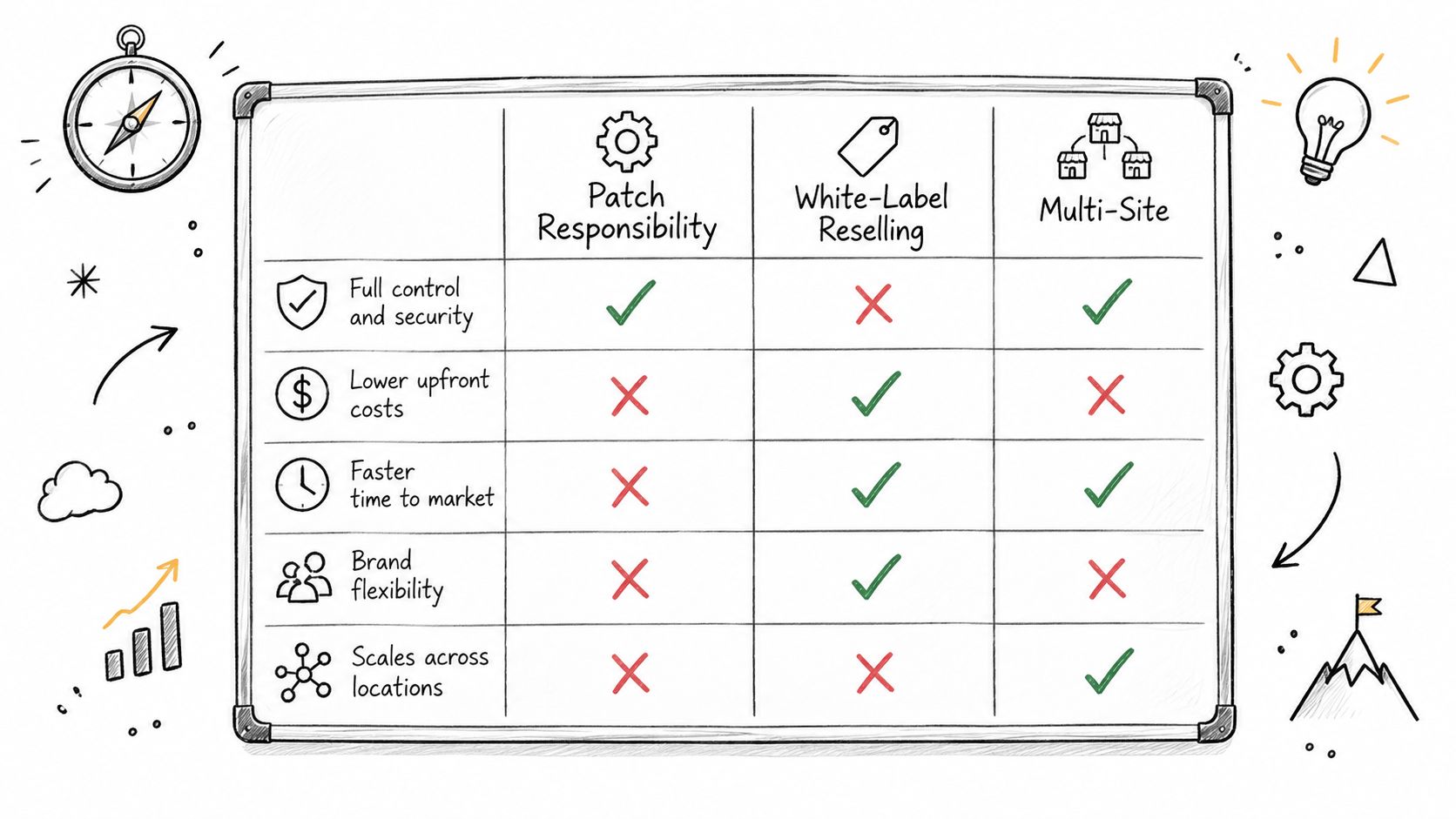 A comparison chart showing features of Patch Responsibility, White-Label Reselling, and Multi-Site solutions on a whiteboard.