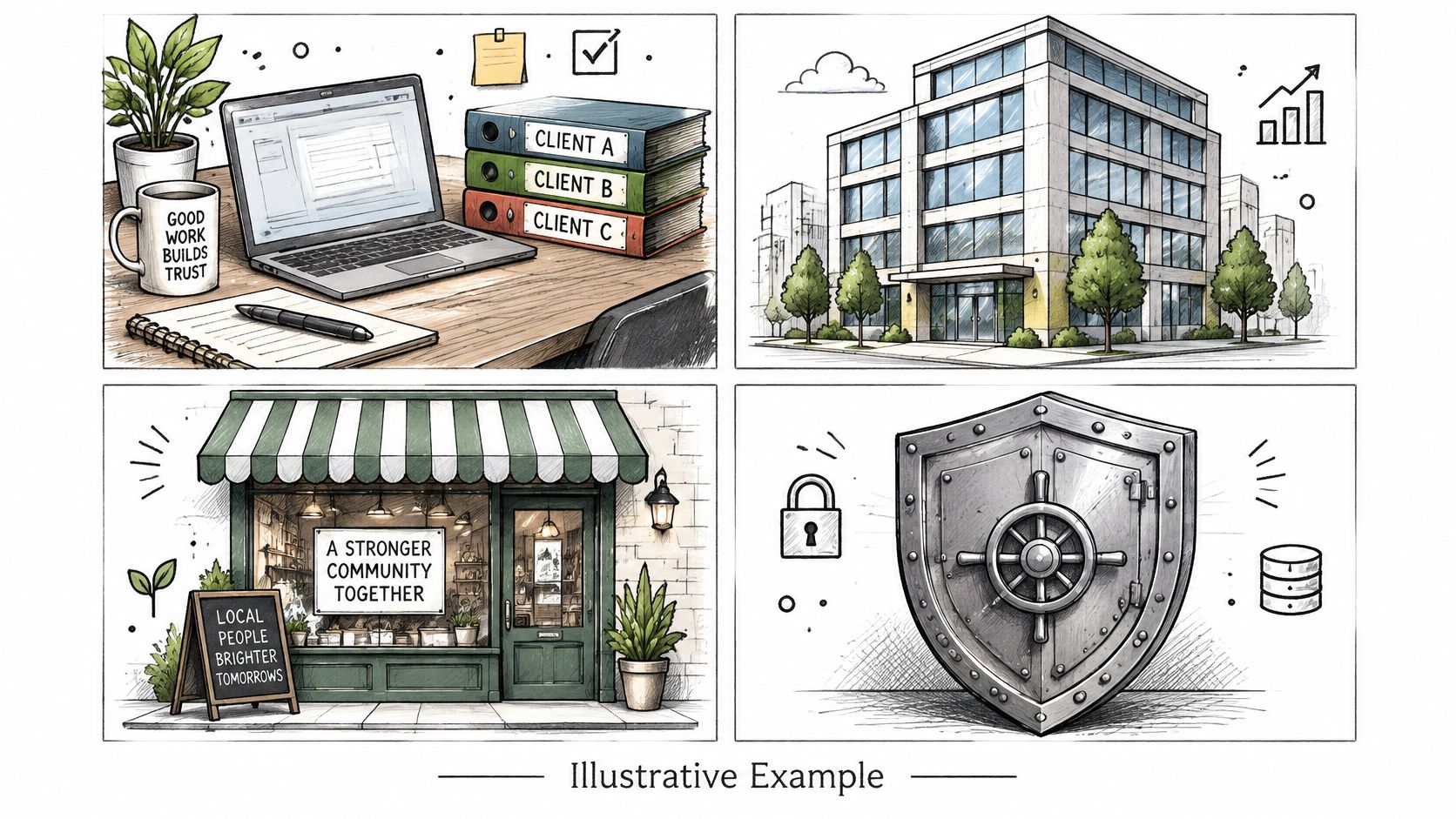 A four-part illustration showing business services, corporate office building, local community shop, and digital security shield.