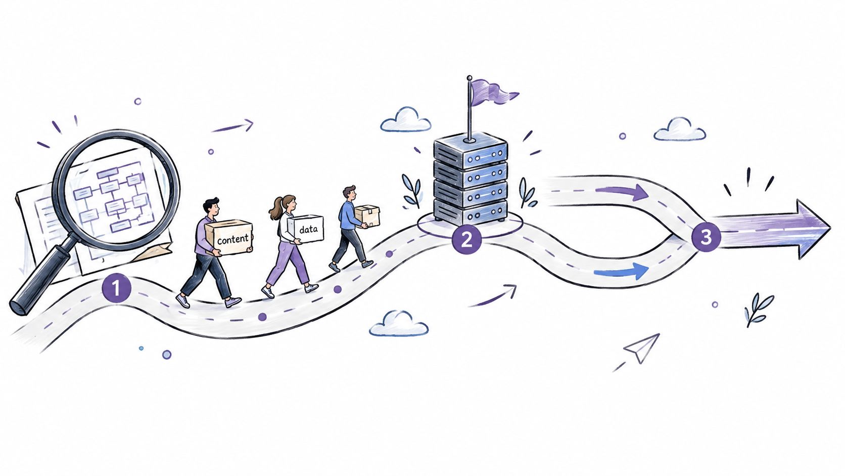 An illustration showing a process flow of people transporting content and data to a server infrastructure.