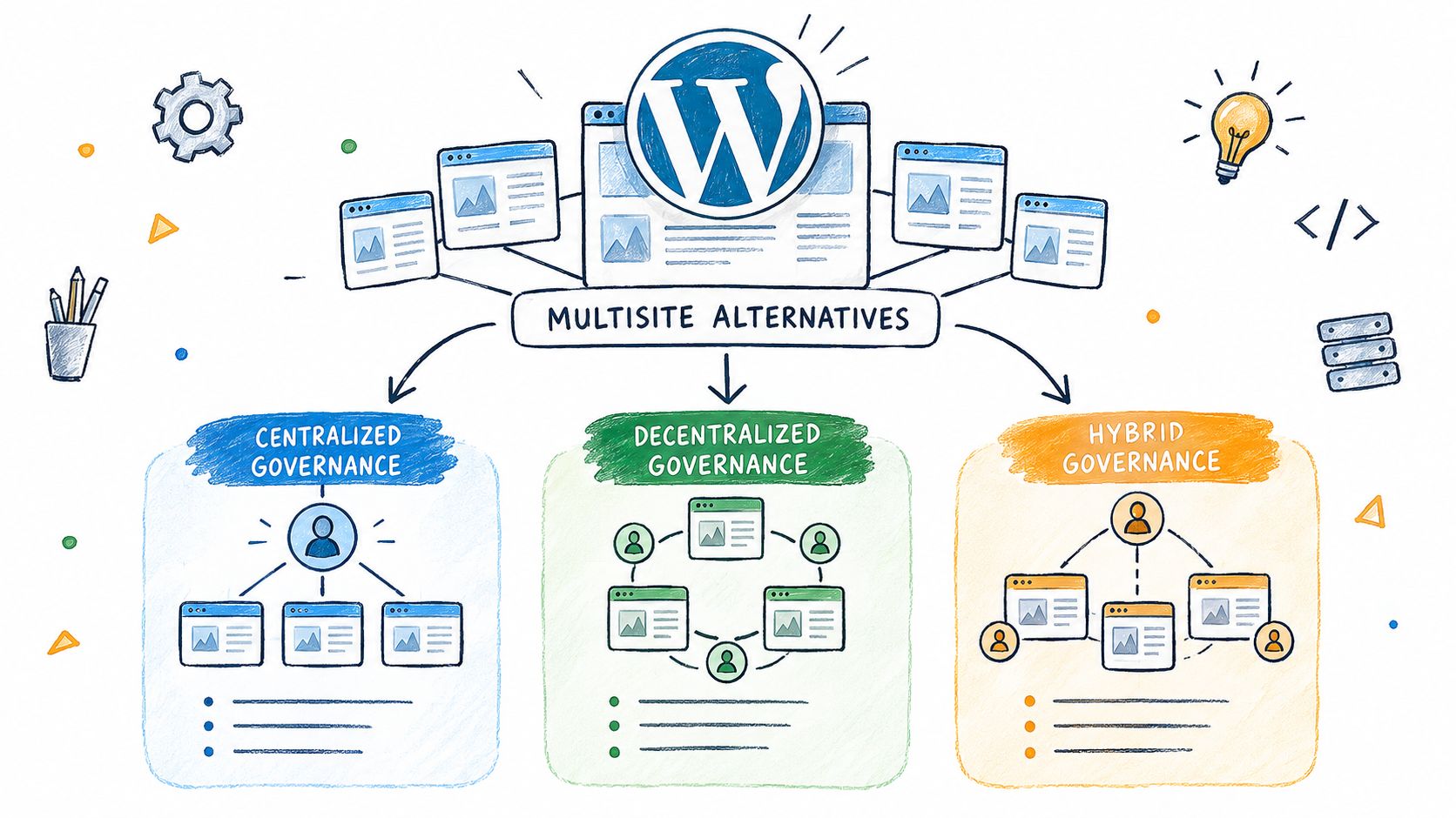 A hand-drawn illustration showing three management models for WordPress multisite alternatives: centralized, decentralized, and hybrid governance structures.