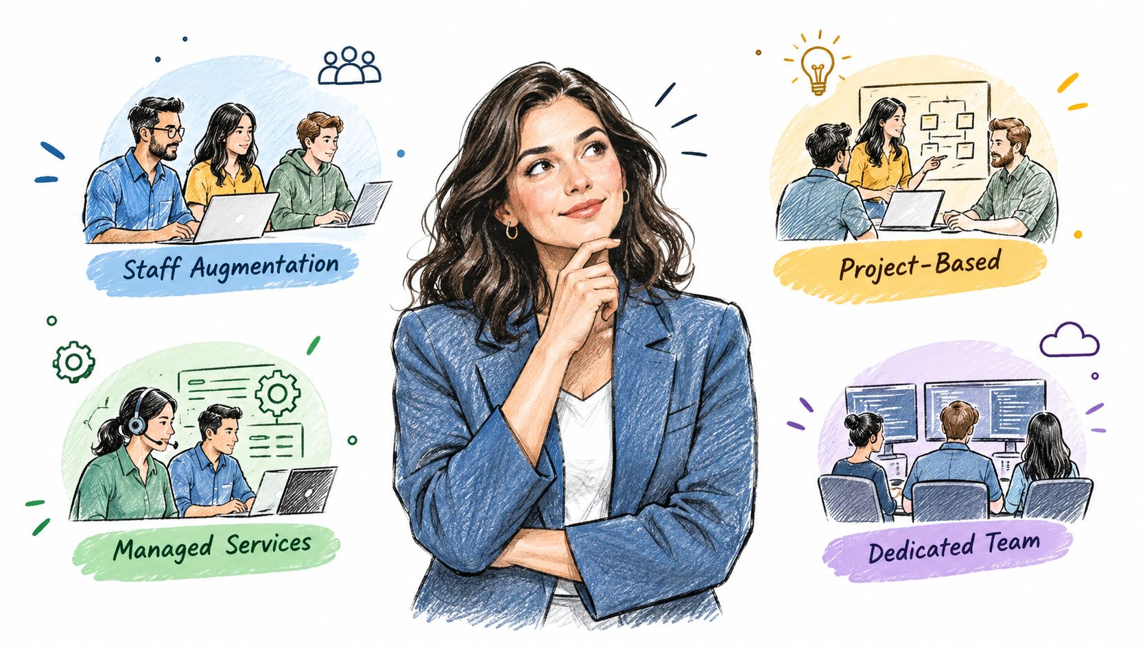 A professional woman contemplating four business service models including staff augmentation, project-based work, managed services, and dedicated teams.