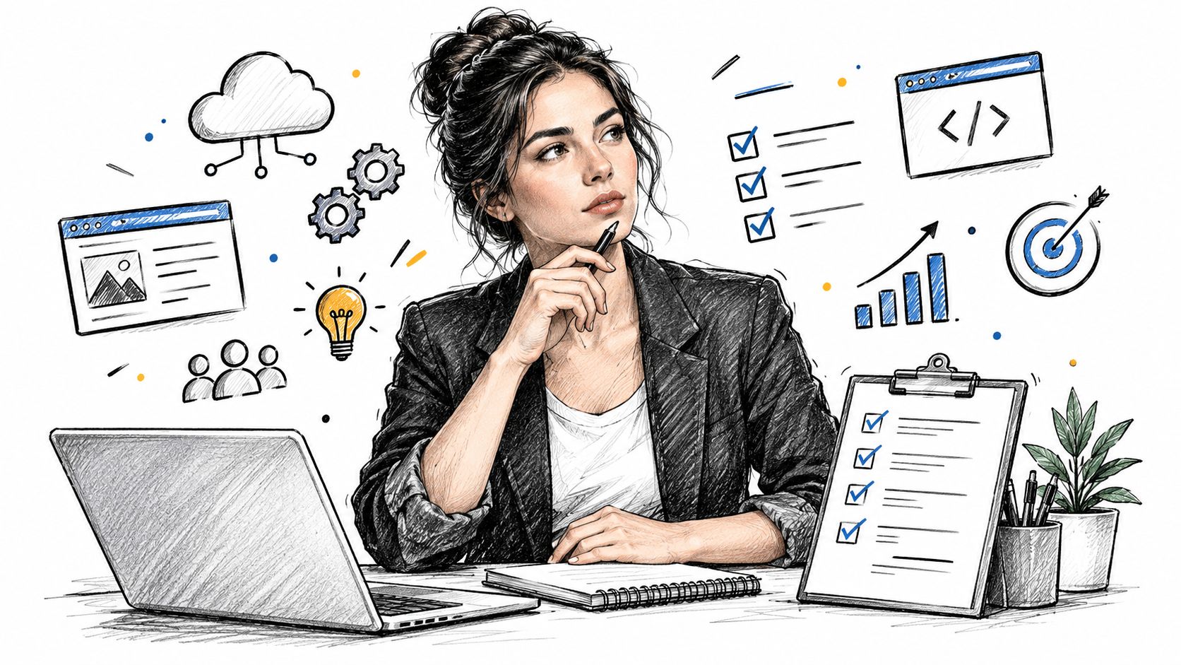 A professional woman thinking at her desk surrounded by illustrated icons of technology, software, and business planning.