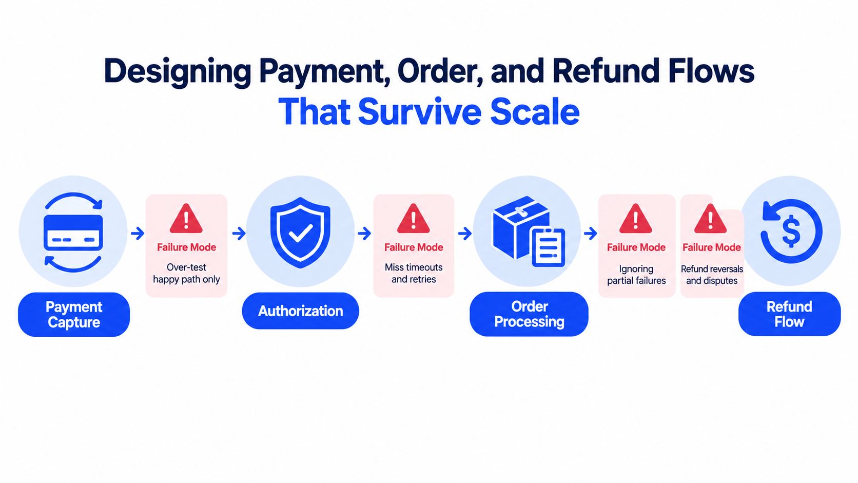 A diagram illustrating payment, order, and refund flow challenges, highlighting common failure modes in ecommerce architecture.