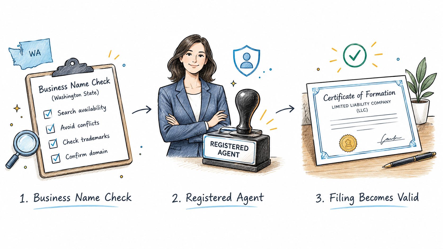A three-step illustrated process for forming an LLC in Washington State showing name check, agent, and certificate.