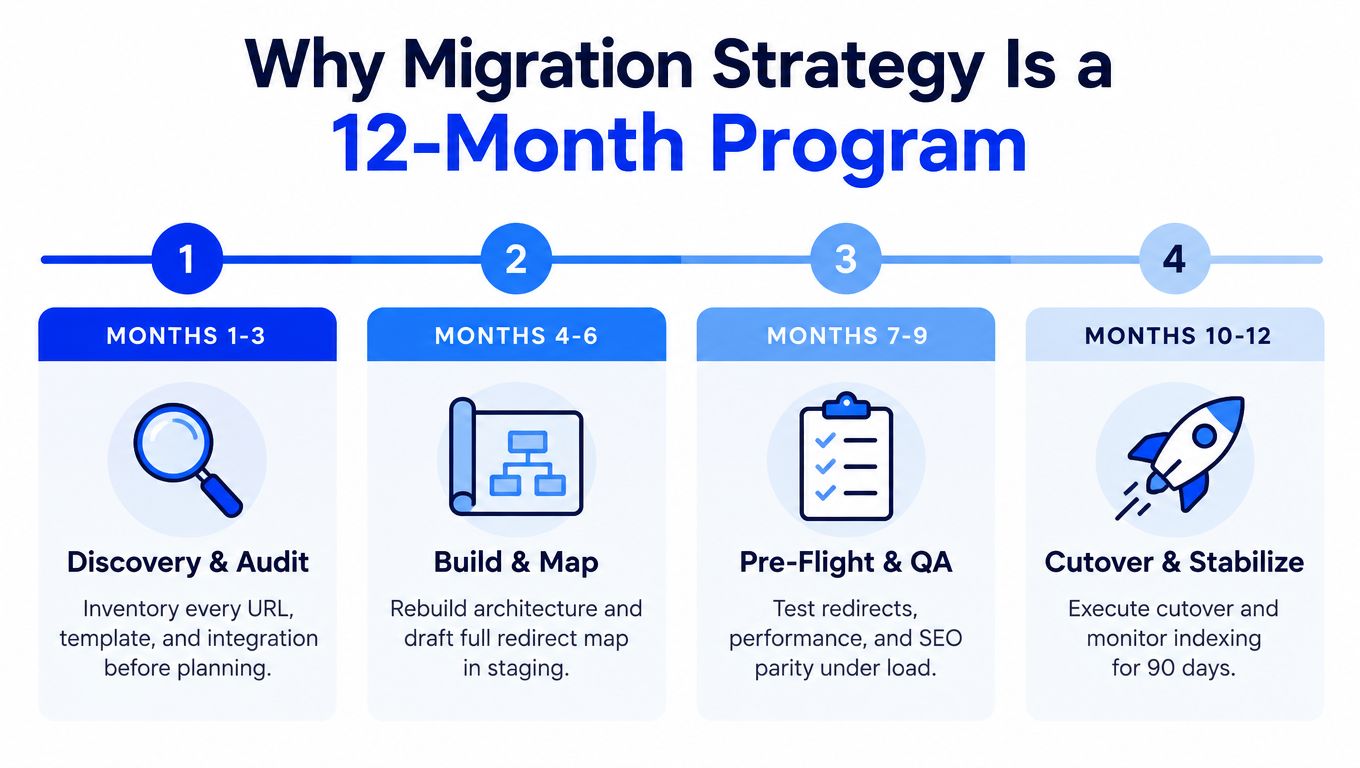 A 12-month timeline infographic showing the four stages of a website platform migration strategy.