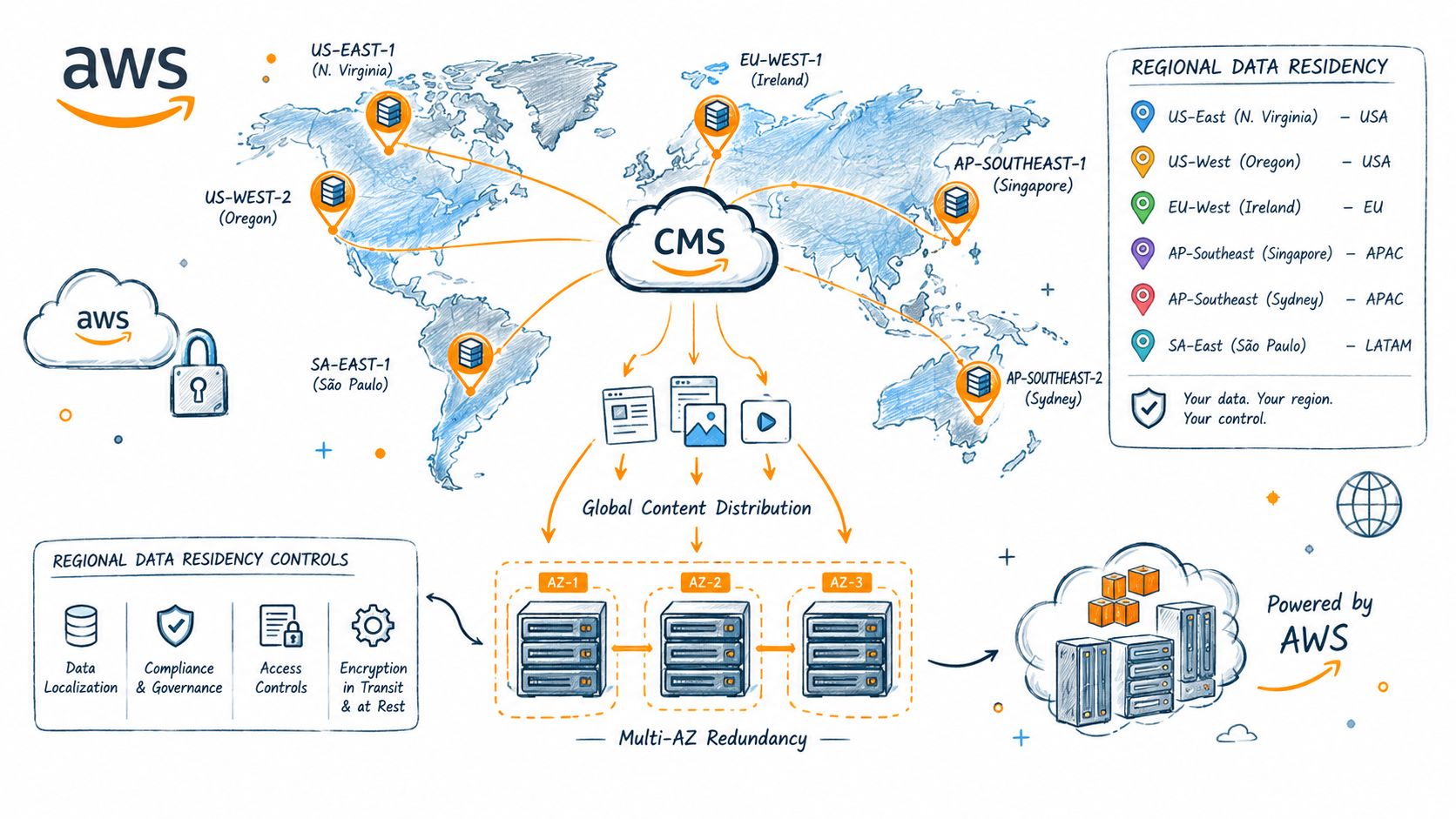 A diagram illustrating a global enterprise CMS platform architecture powered by AWS with regional data residency controls.