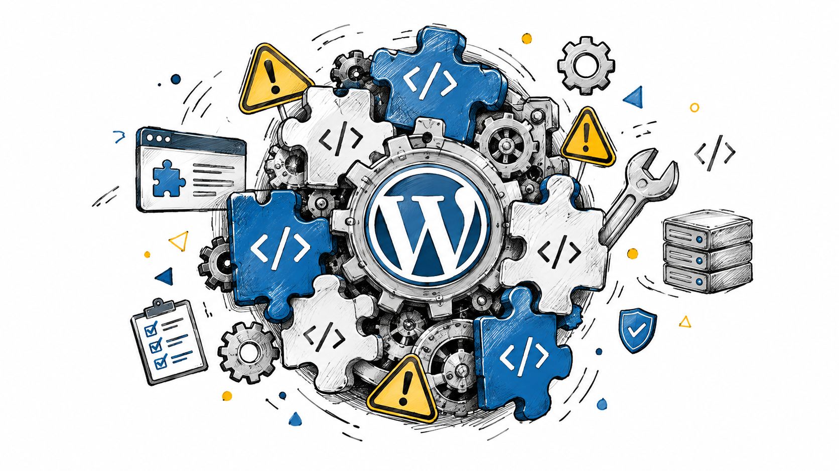 A conceptual illustration of WordPress plugin maintenance featuring code icons, gears, warning signs, and server hardware.