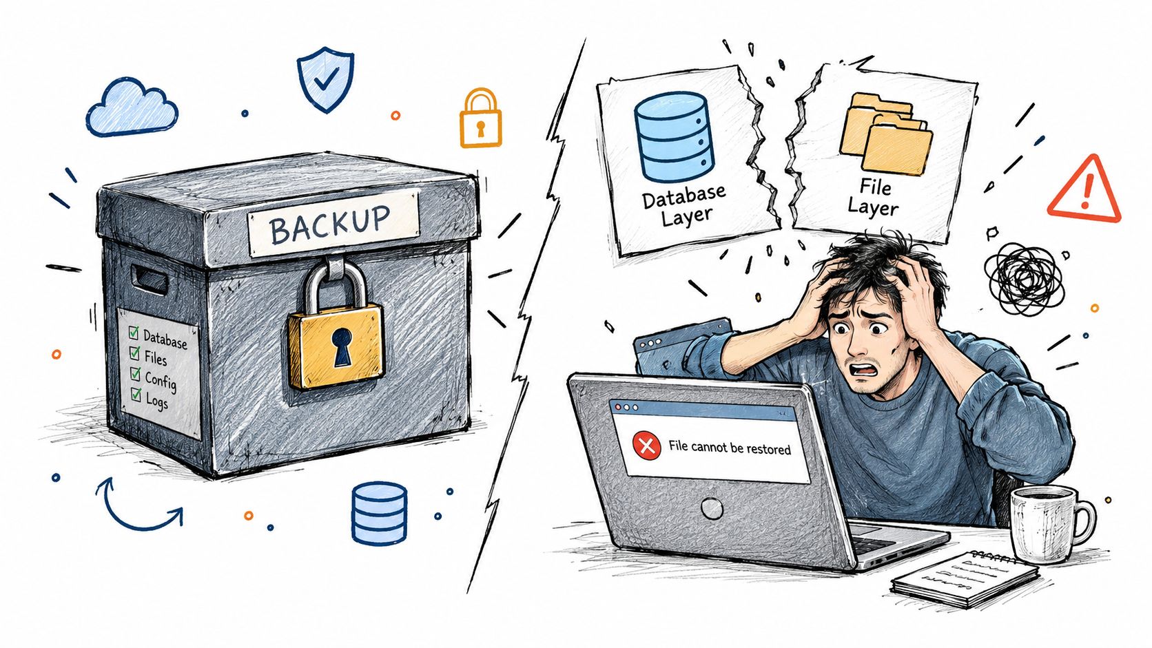 A split illustration comparing a secure locked backup box with a stressed person unable to restore data.