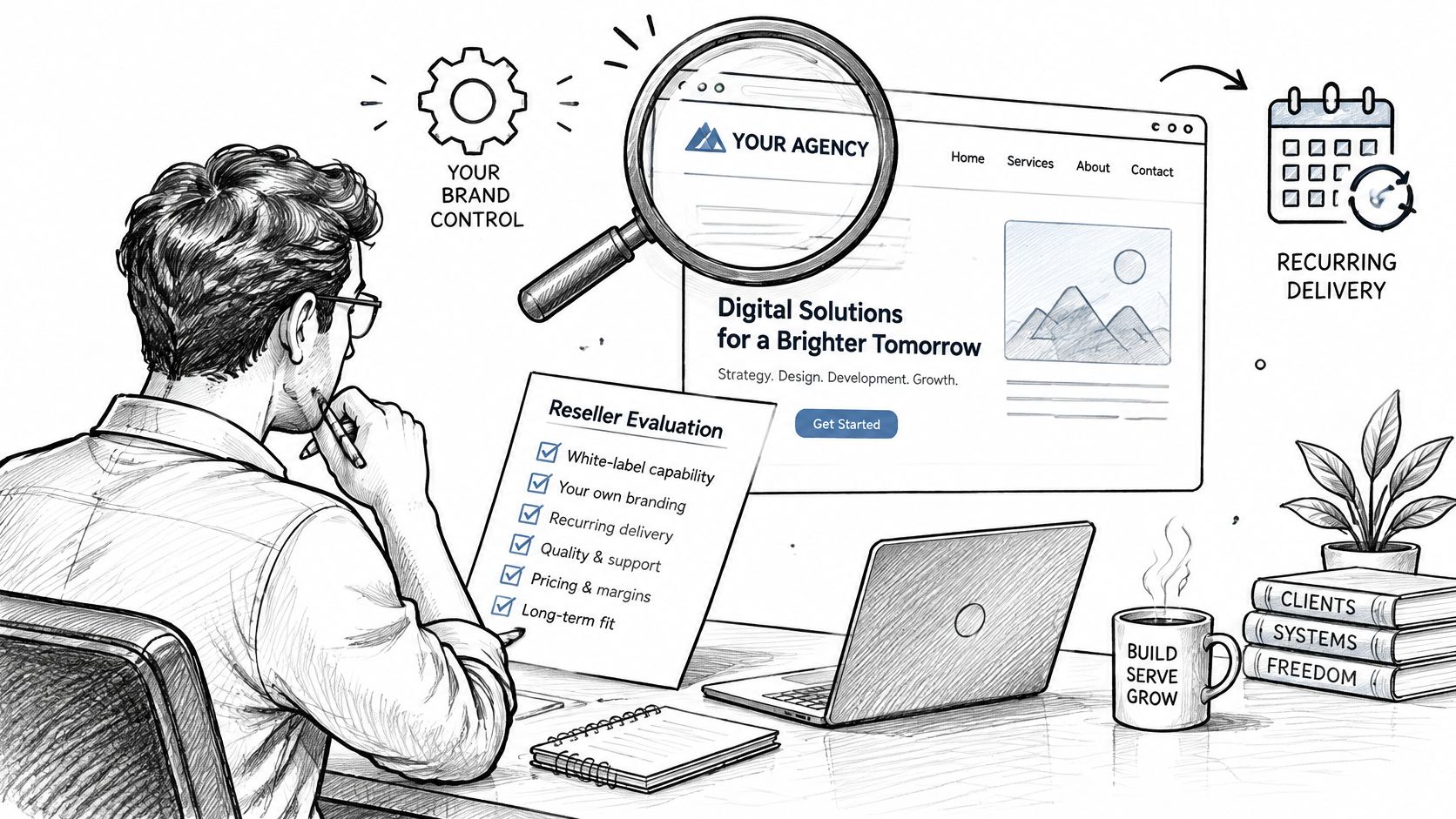 A professional evaluating a white label website reseller checklist with a magnifying glass on a laptop screen.