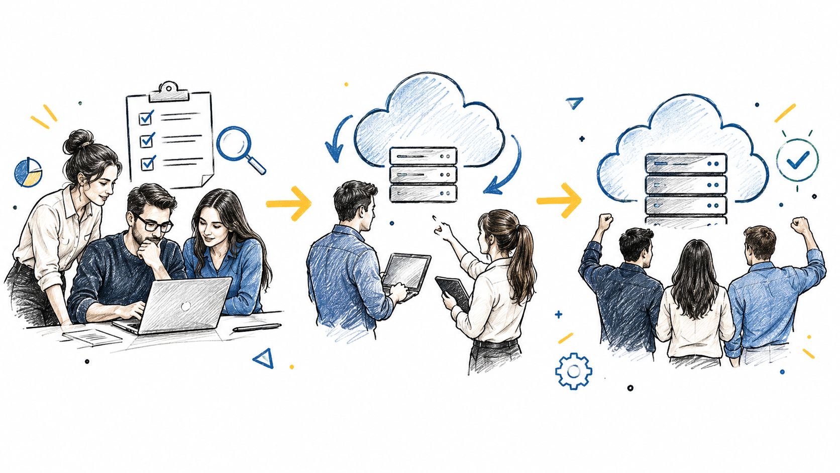 A team collaborating on cloud migration, moving from planning to cloud server implementation and final successful deployment.